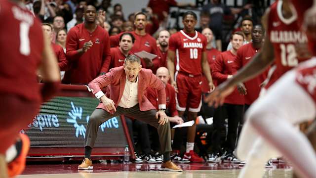 Mar 9, 2024; Tuscaloosa, Alabama, USA; Alabama head coach Nate Oats yells on his team as they go to overtime against Arkansas at Coleman Coliseum. Alabama came from behind to win on overtime 92-88. Mandatory Credit: Gary Cosby Jr.-USA TODAY Sports  
